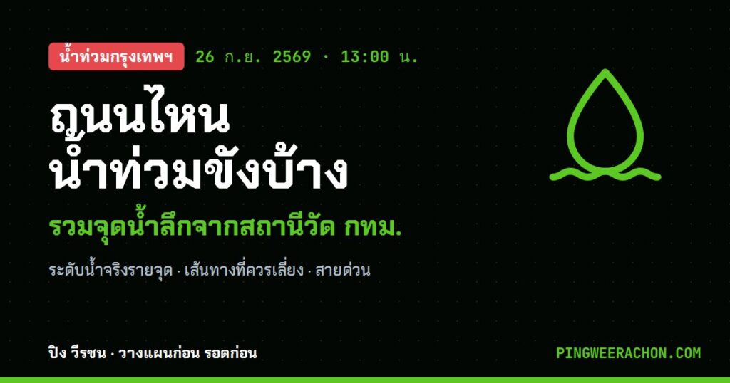 น้ำท่วมกรุงเทพฯ 26 ก.ย. 2569 ถนนไหนน้ำท่วมขังบ้าง รวมจุดน้ำลึกจากสถานีวัด กทม.