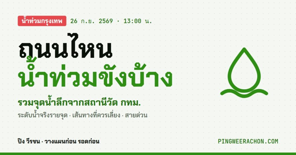 น้ำท่วมกรุงเทพฯ 26 ก.ย. 2569 ถนนไหนน้ำท่วมขังบ้าง รวมจุดน้ำลึกจากสถานีวัด กทม.